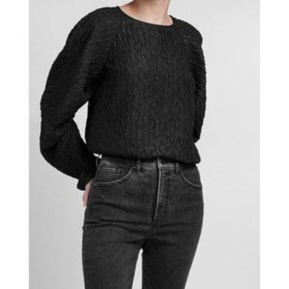 Express Tops - Express Black Textured Jacquard Puff Sleeve Top Dressy Size XS